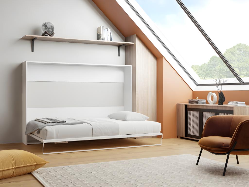 Schrankbett 140 x 200 cm + Matratze - Manuelle horizontale Öffnung - Weiß - günstig online kaufen