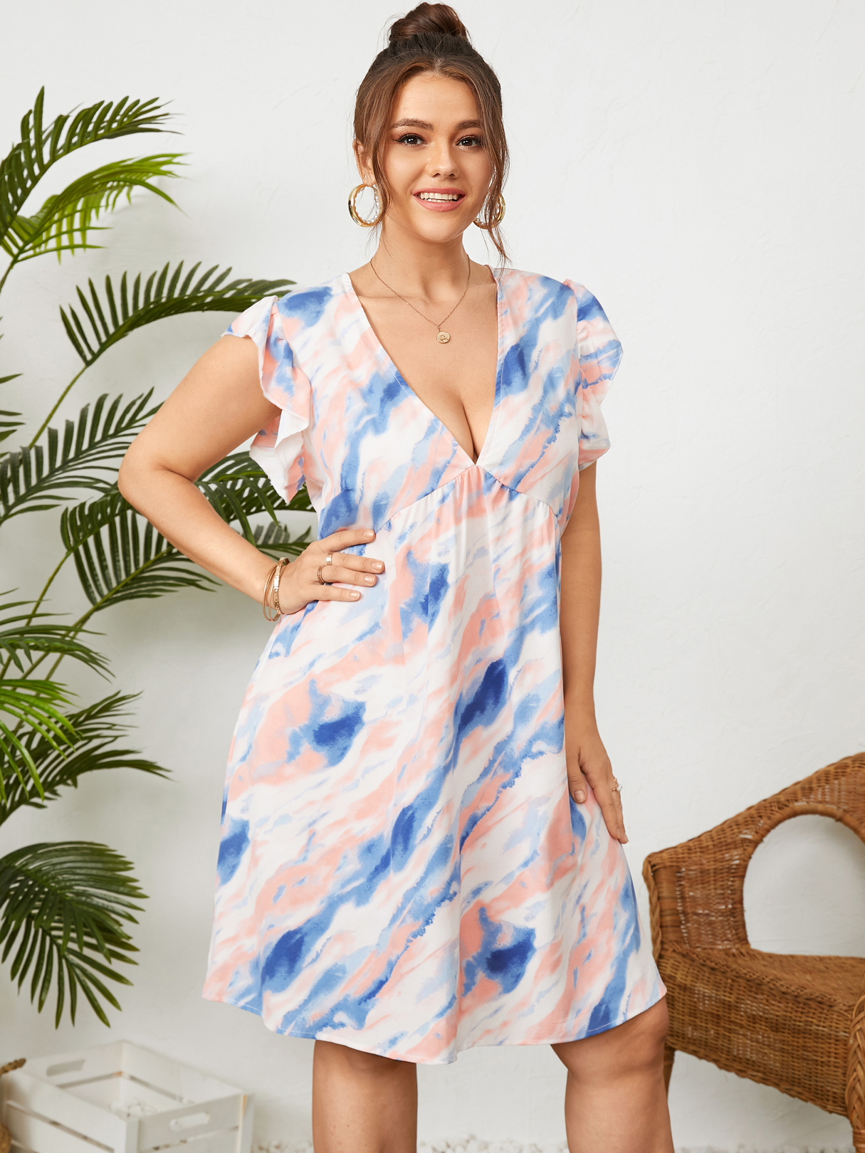 YOINS Plus Size Tiefer V-Ausschnitt Tie Dye Kurzarm Midikleid günstig online kaufen