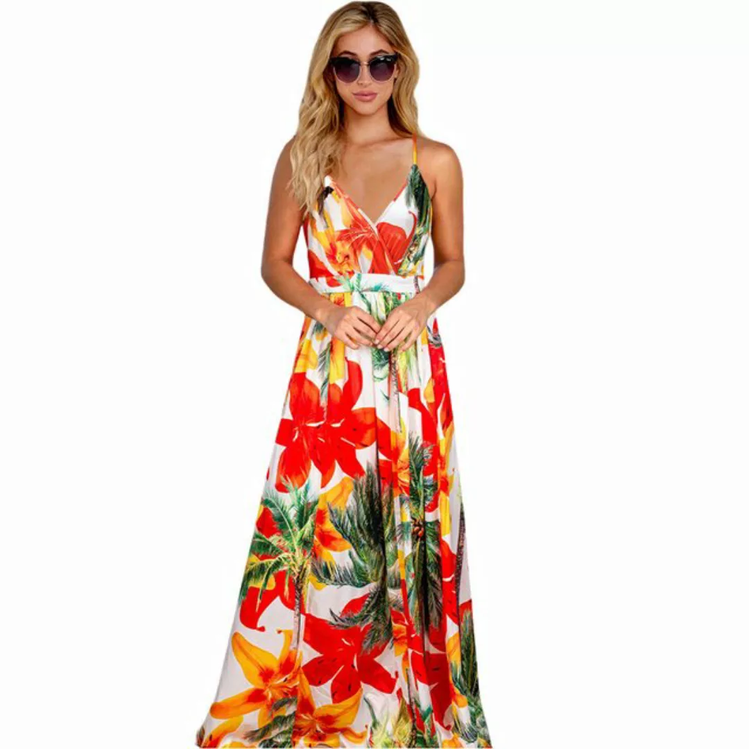 Mayou Strandkleid Damen Blumen Ärmellos V-Ausschnitt Boho Strandkleid Lang günstig online kaufen