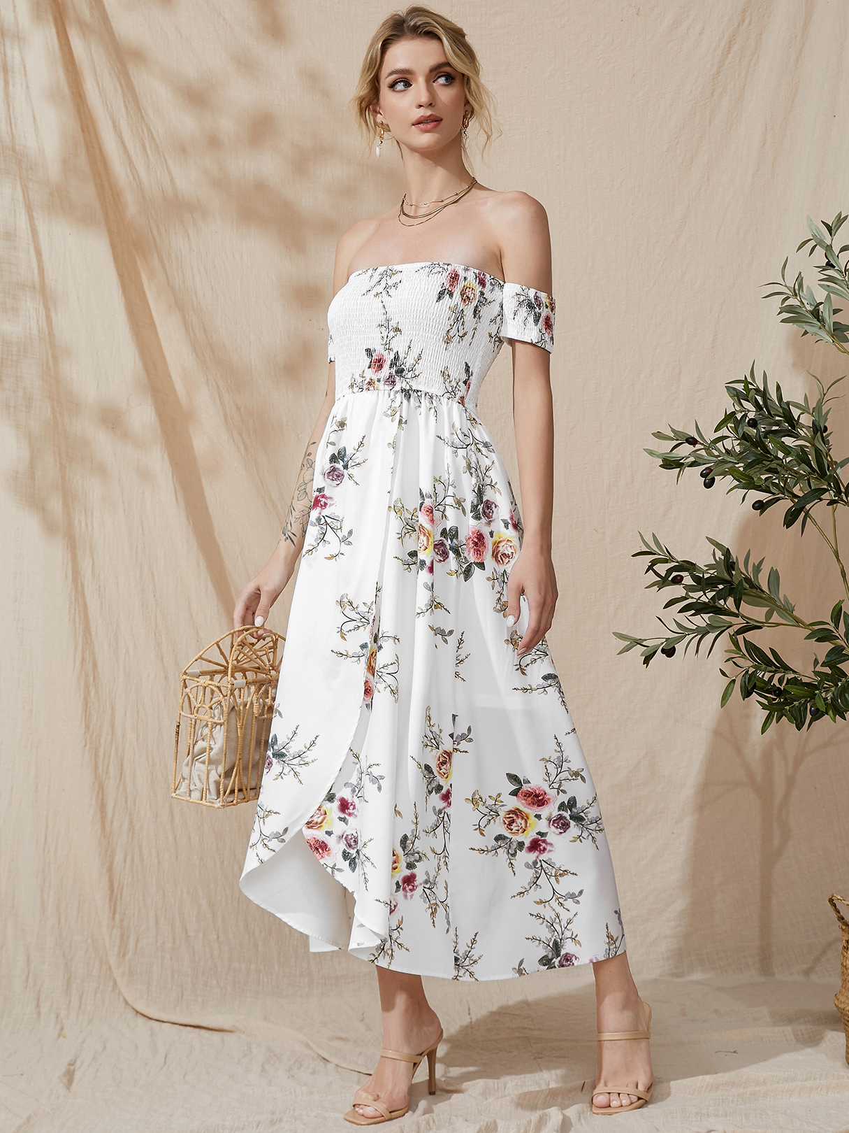 YOINS Off The Shoulder Blumendruck Shirring Kurzarm Maxi Kleid günstig online kaufen