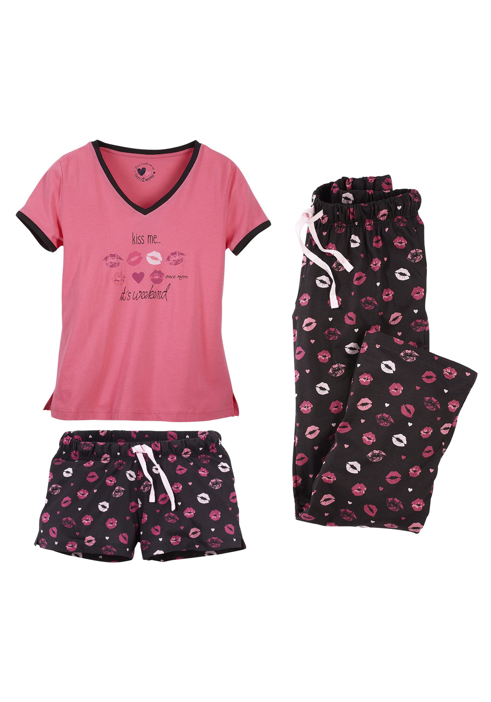 Vivance Dreams Pyjama, (Set, 3 teilig), mit Kussmund-Print günstig online kaufen