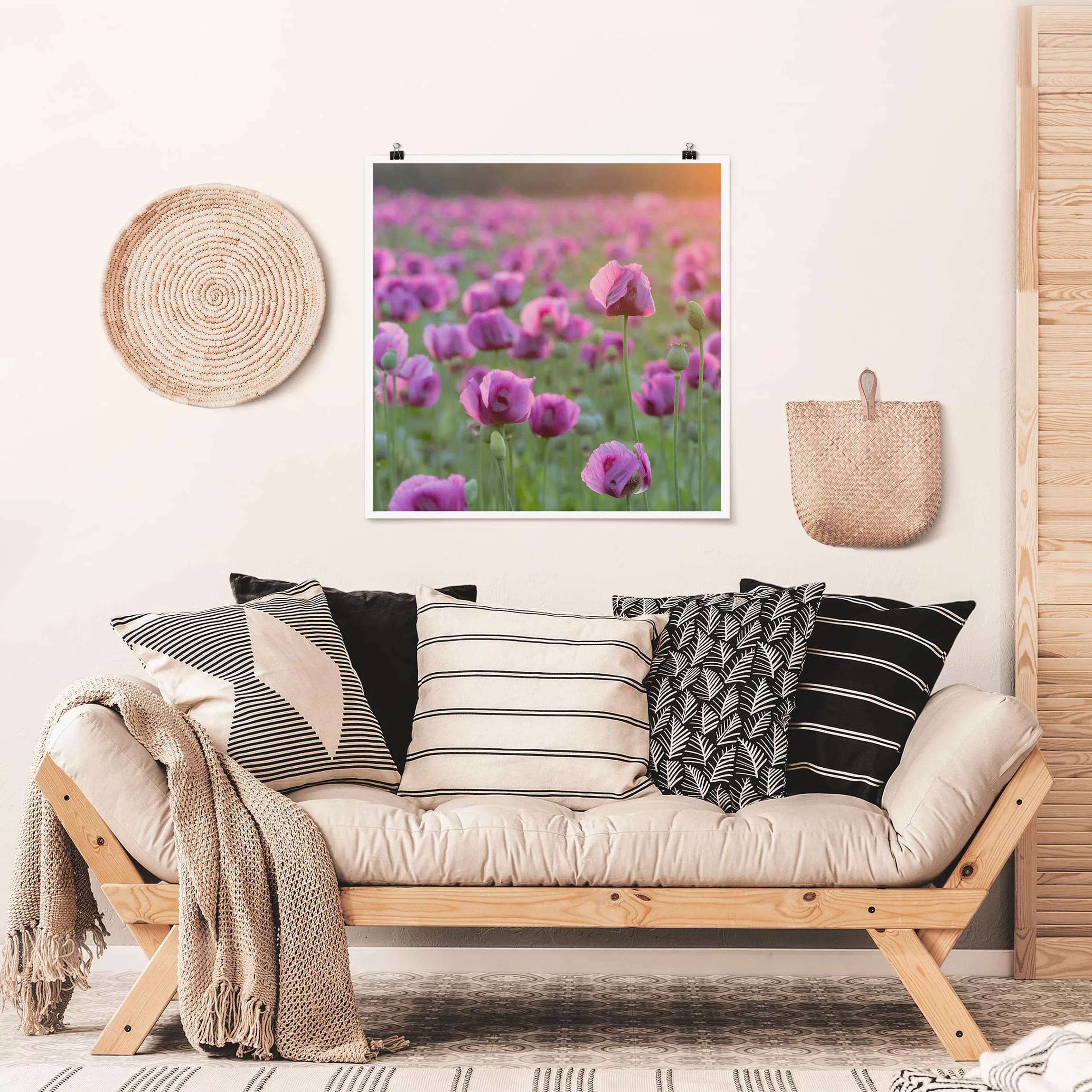 Poster Blumen - Quadrat Violette Schlafmohn Blumenwiese im Frühling günstig online kaufen