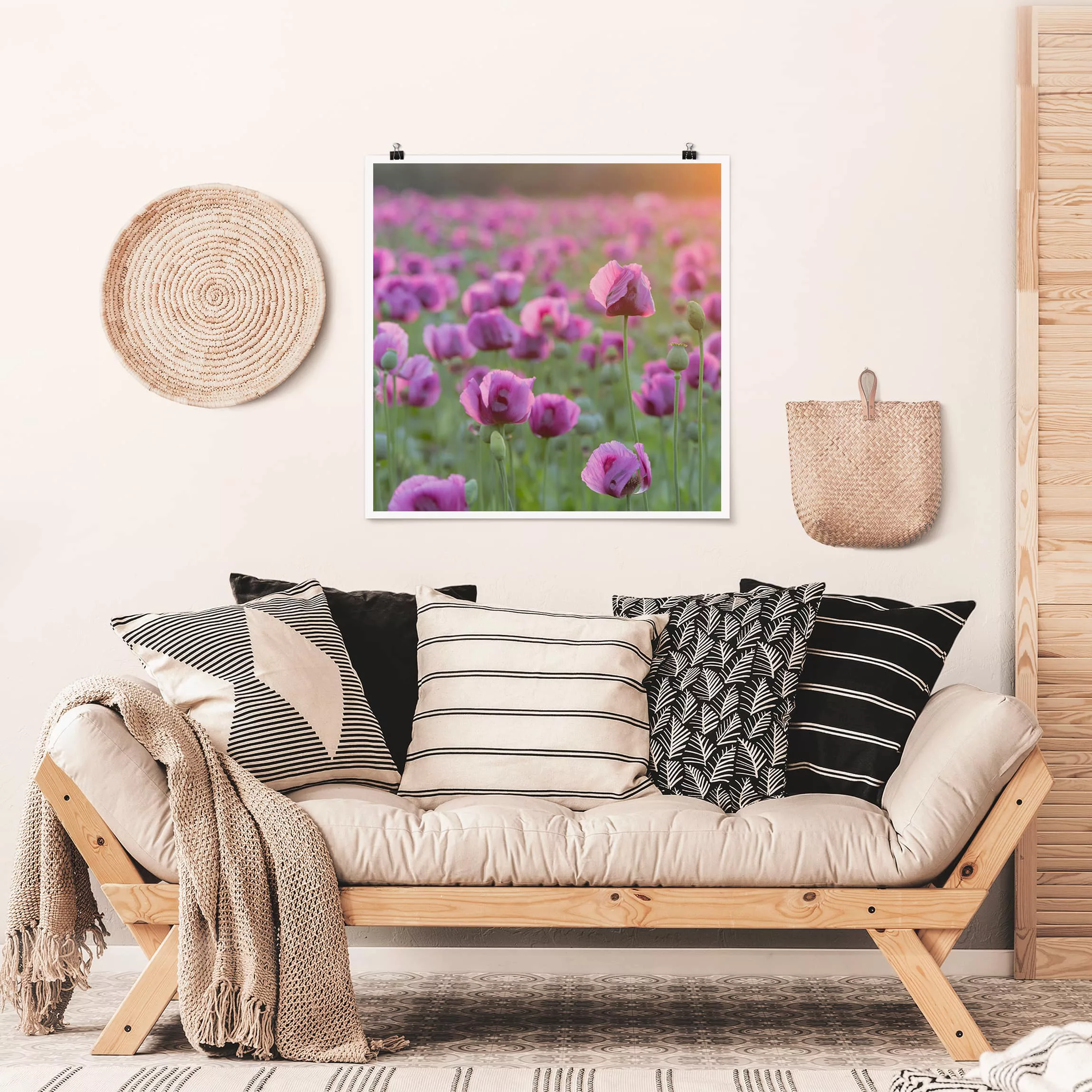 Poster - Quadrat Violette Schlafmohn Blumenwiese im Frühling günstig online kaufen