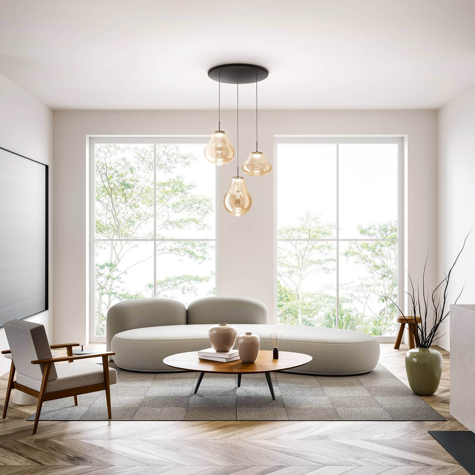 LED-Pendelleuchte Deva, 3-flg., Ø 50 cm, amber, CCT, dimmbar günstig online kaufen