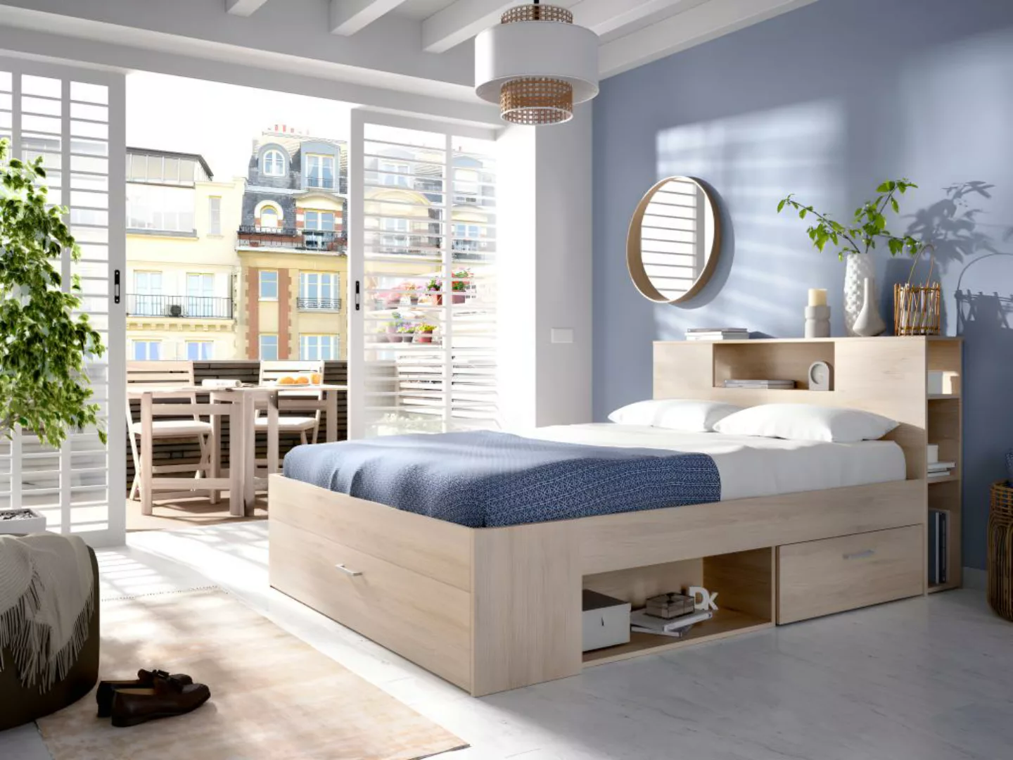Bett mit Kopfteil, Stauraum & Schubladen - 160 x 200 cm - Holzfarben + Latt günstig online kaufen