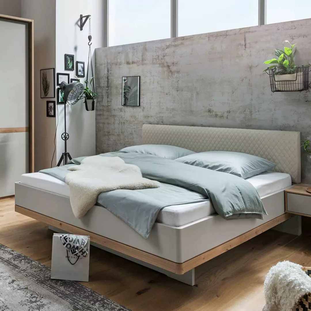 Design Doppelbett in Beige und Eiche Bianco Polsterkopfteil günstig online kaufen