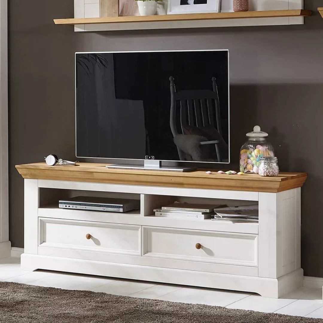 TV Wohnwand in Weiß und Eichefarben Kiefer Massivholz (dreiteilig) günstig online kaufen
