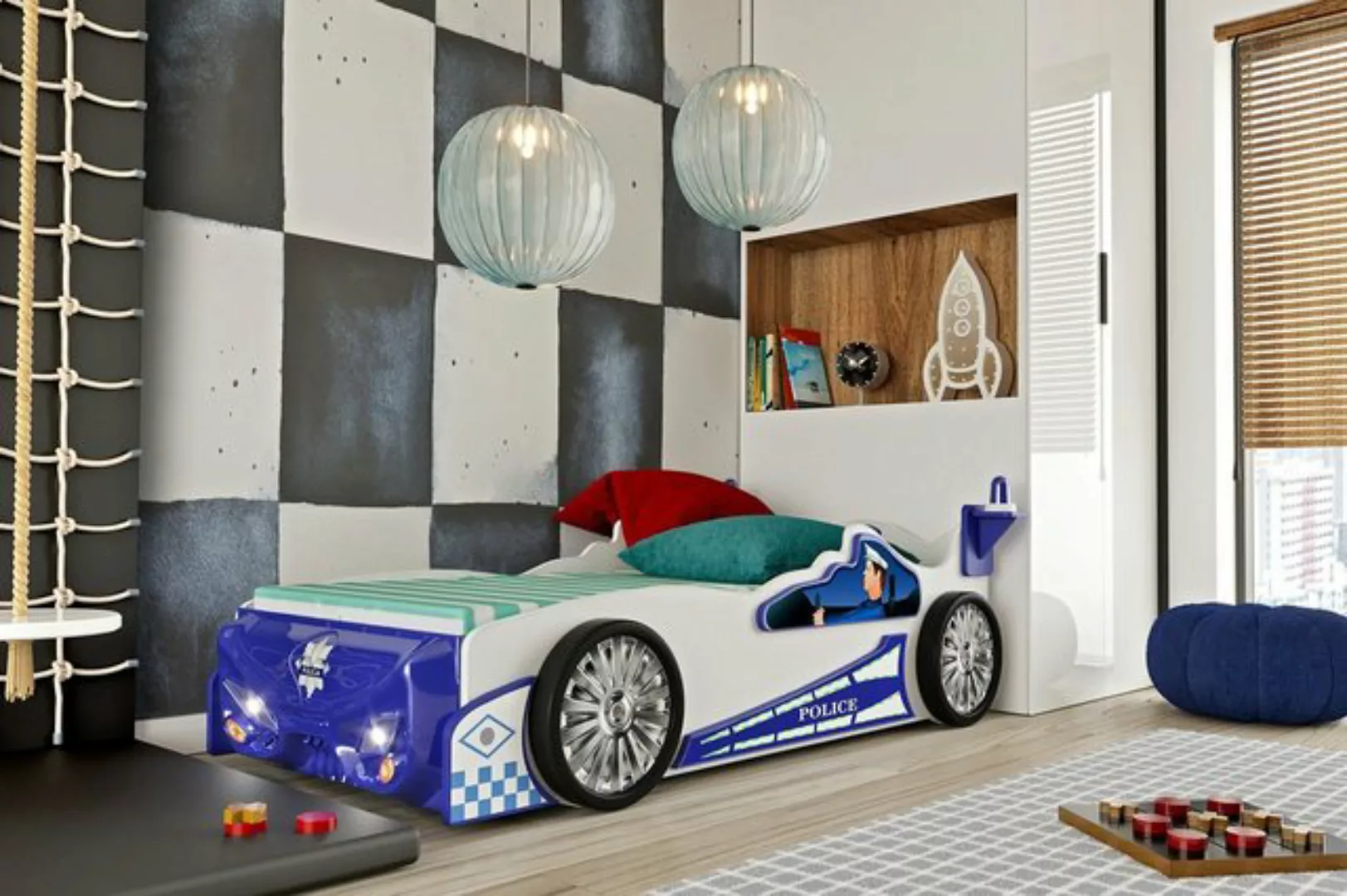 Faizee Möbel Kinderbett [Police] Kinderzimmerbett in Blau/Weiß Hochwertiges günstig online kaufen