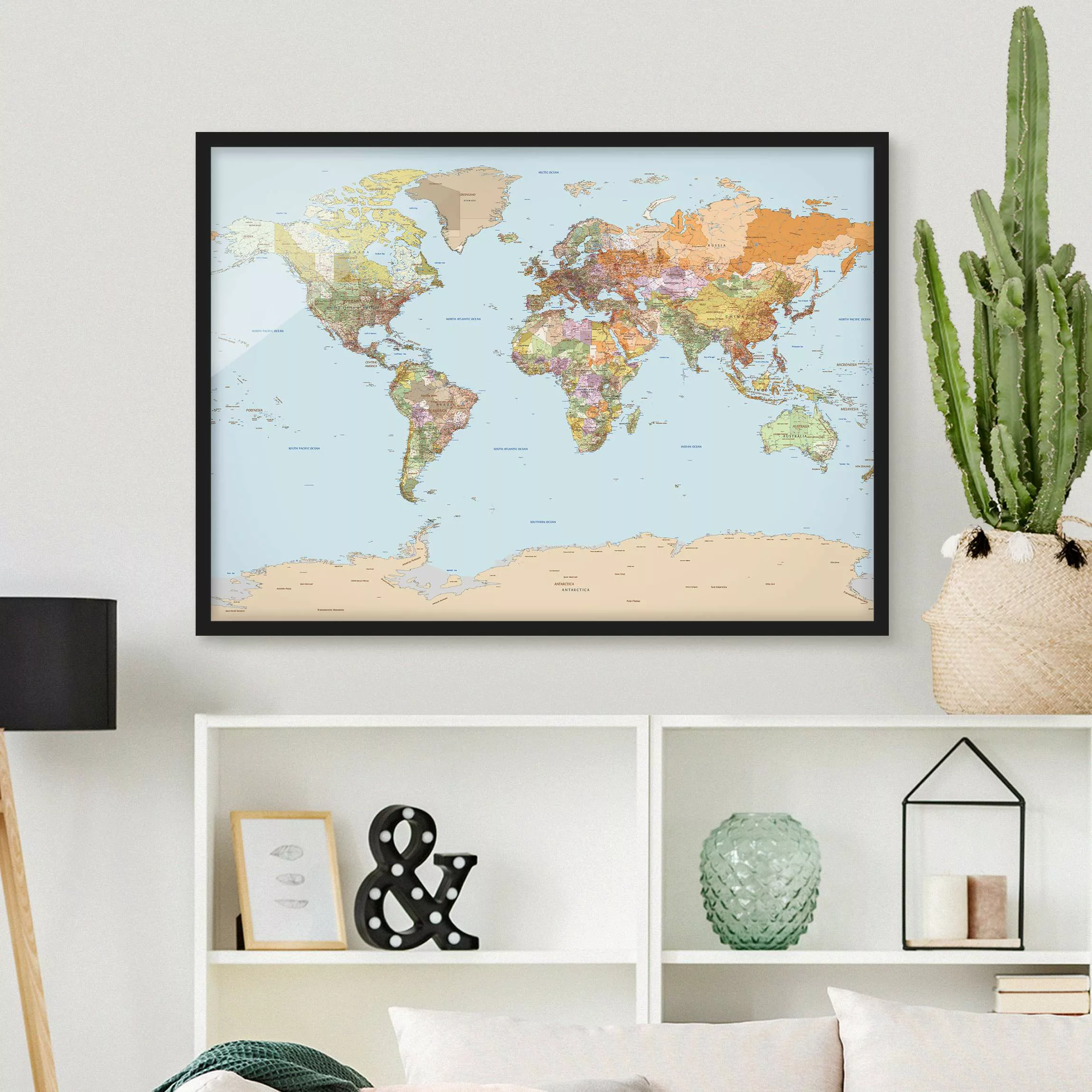 Bild mit Rahmen Stadt-, Land- & Weltkarte - Querformat Politische Weltkarte günstig online kaufen
