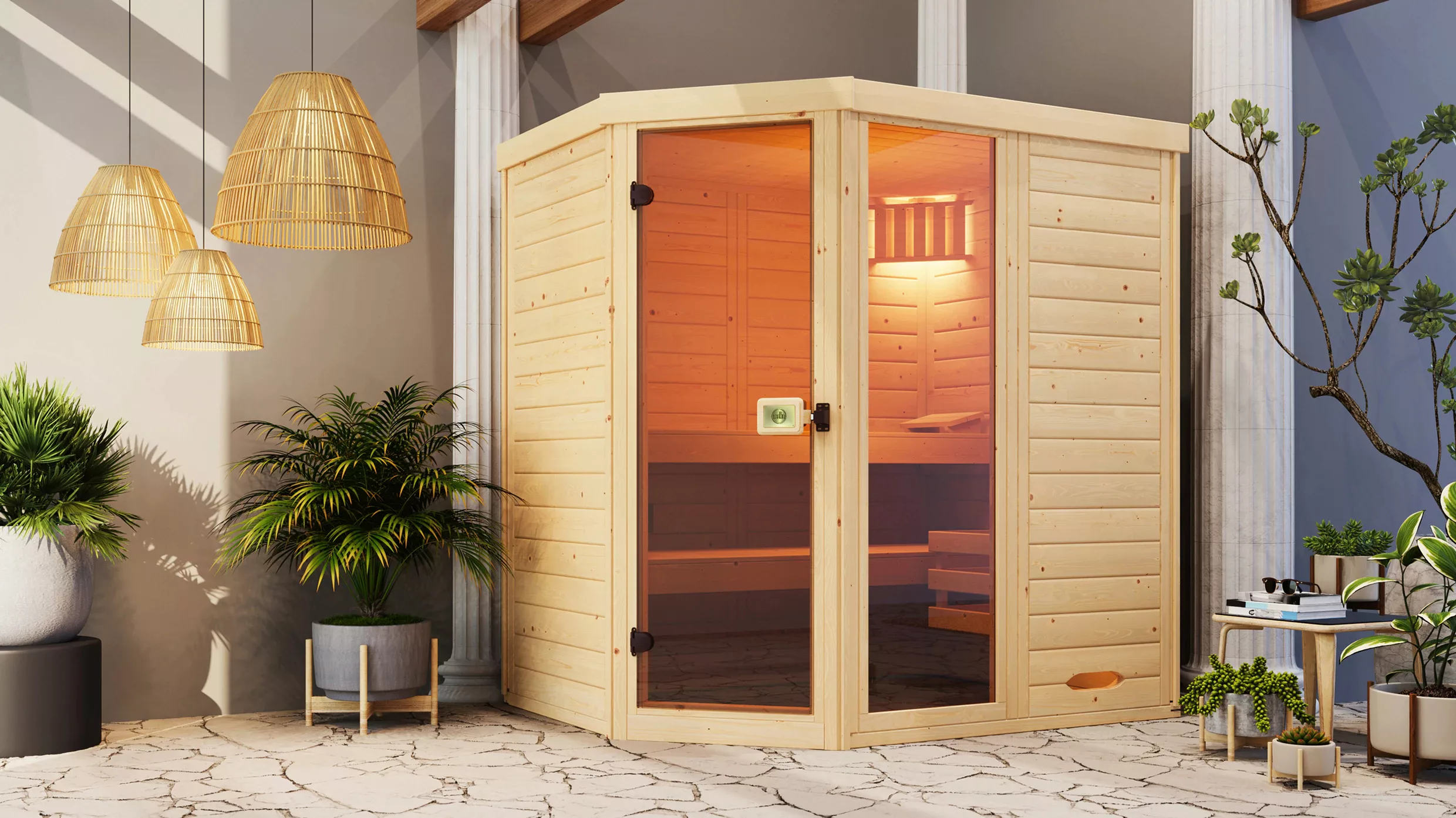 Weka Massivholz-Elementsauna Laukkala 2 Sparset 5,4 kW Kompakt Saunaleuchte günstig online kaufen