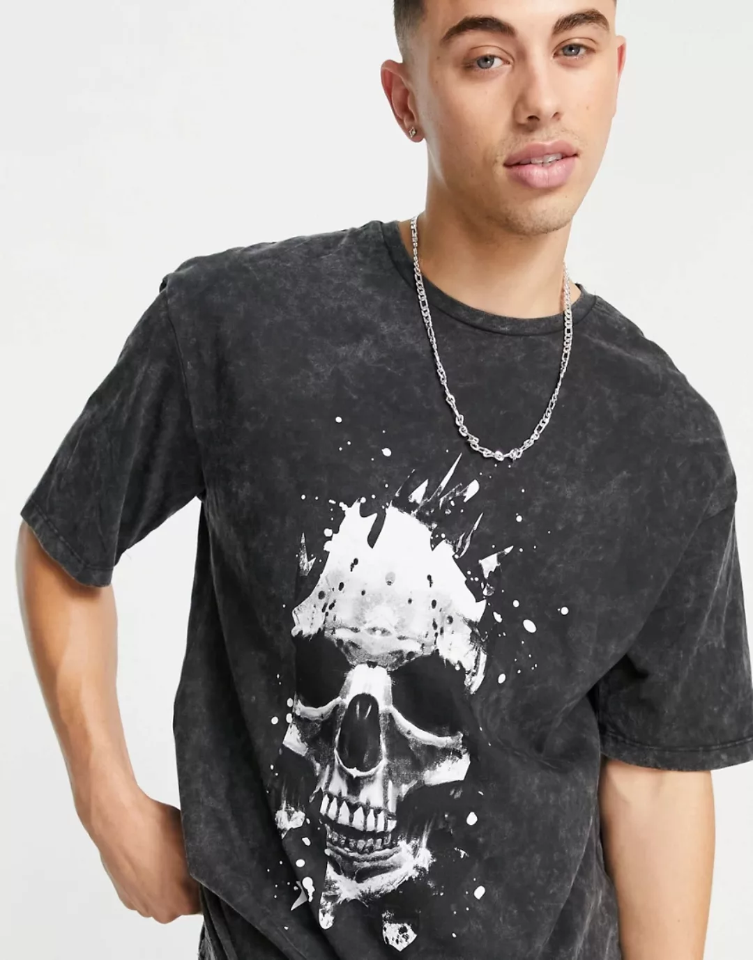 Jack & Jones – Originals – Oversize-T-Shirt in verwaschenem Grau mit Totenk günstig online kaufen