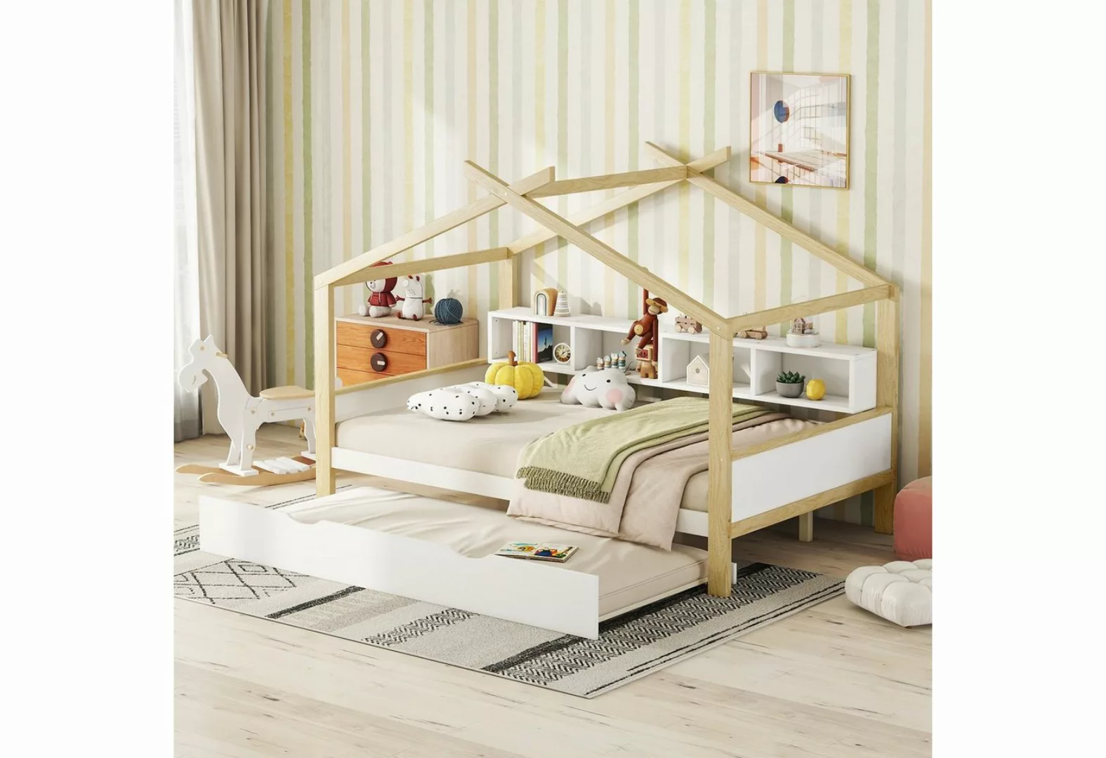 OKWISH Kinderbett Hausbett, ausgestattet mit Ausziehbett, vier Staufächern günstig online kaufen