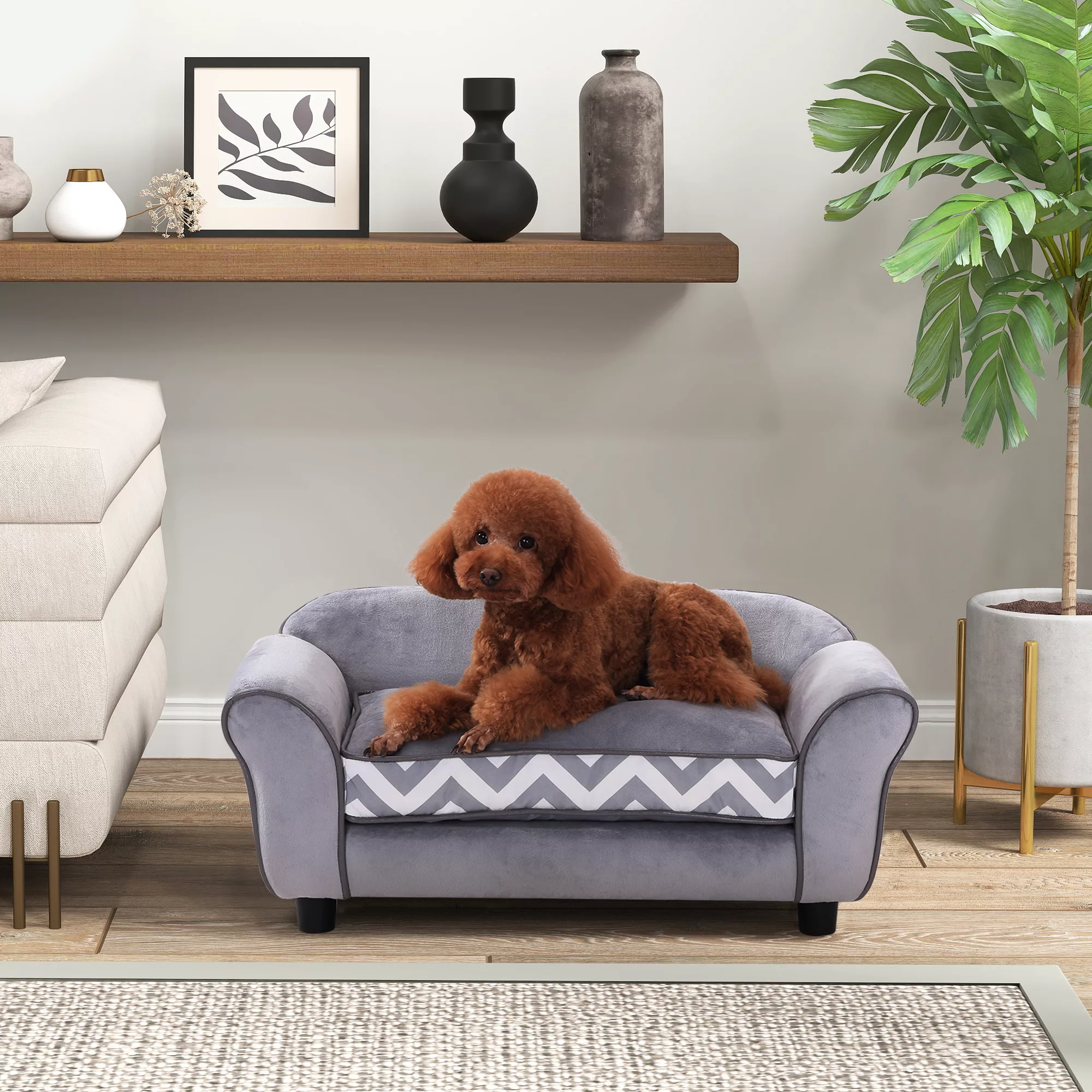 PawHut Hundesofa Haustiersofa mit Kissen, waschbar, Samt grau, erhöhte Füße günstig online kaufen