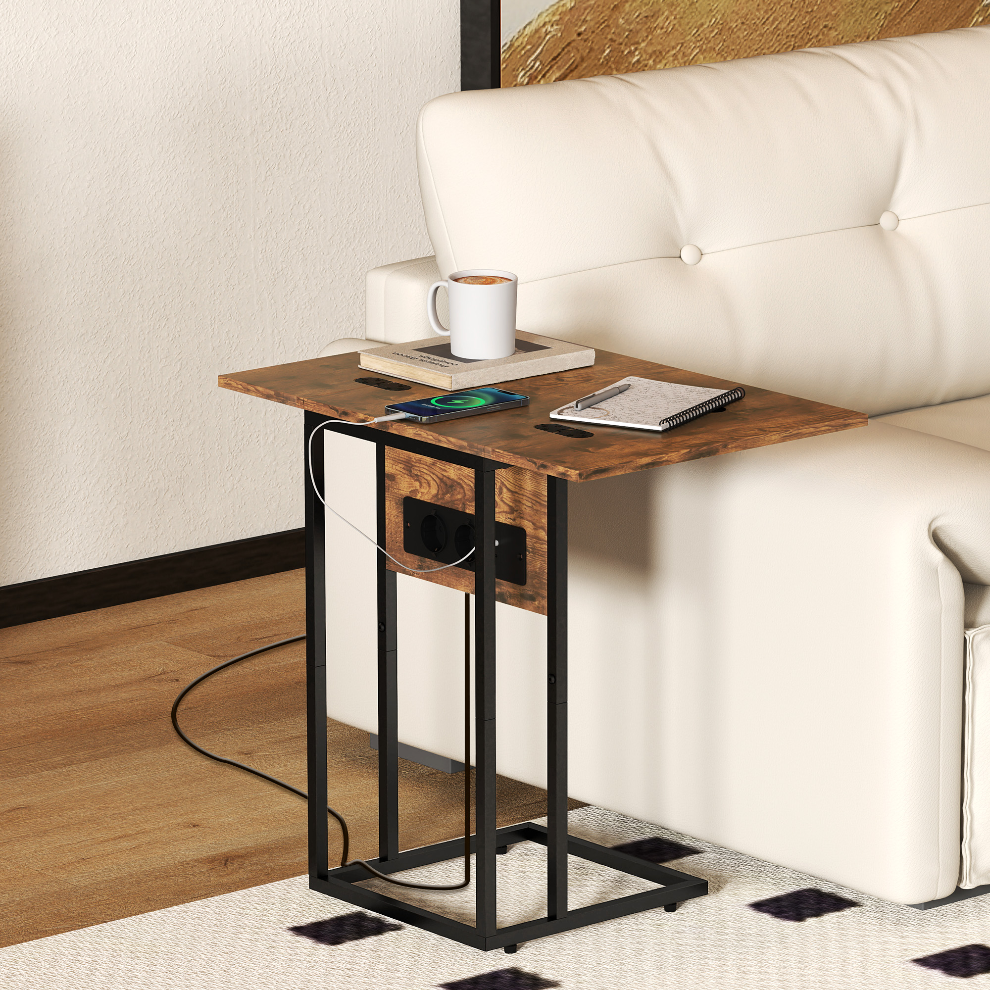 HOMCOM Couchtisch in C-Form mit ausziehbarer Ablage und Ladestation, modern günstig online kaufen