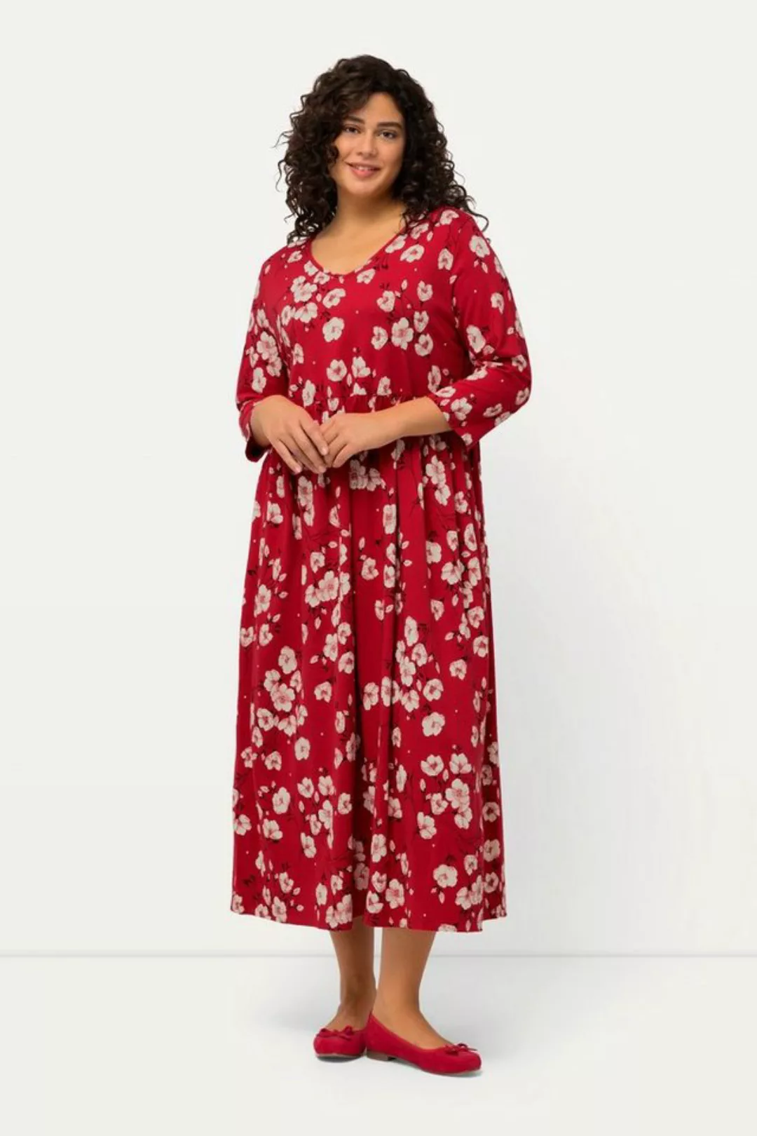 Ulla Popken Sommerkleid Jerseykleid Blumen A-Linie V-Ausschnitt 3/4-Arm günstig online kaufen