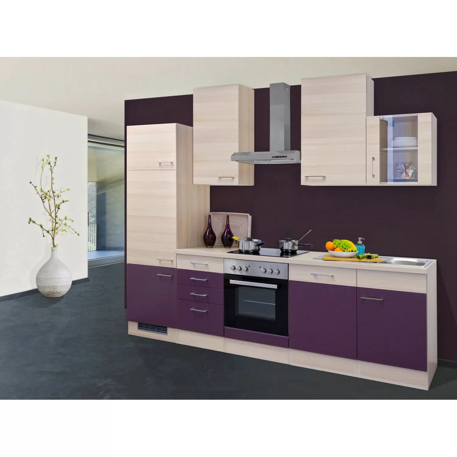 Flex-Well Exclusiv Küchenzeile/Küchenblock Focus 280 cm Akazie-Aubergine günstig online kaufen