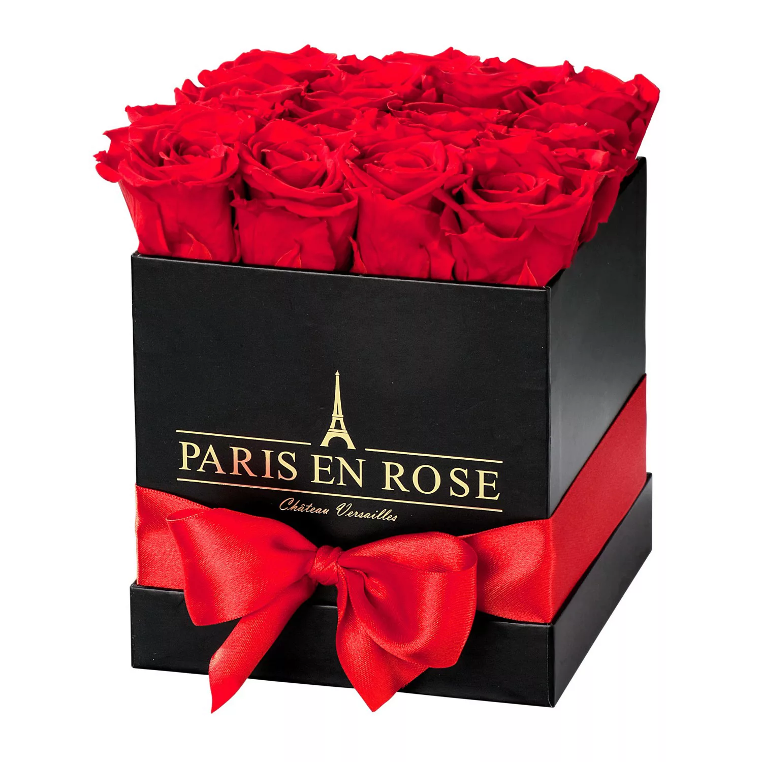 Rosenbox eckig Schwarz mit Schleife und 12 Roten Rosen günstig online kaufen