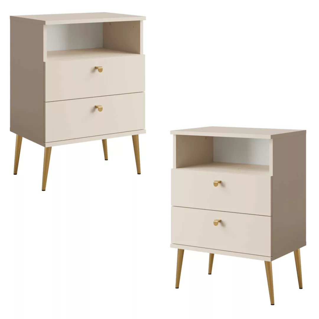 Nachtschrank 2er Set beige mit Metallfüßen goldfarben HULL-166 günstig online kaufen