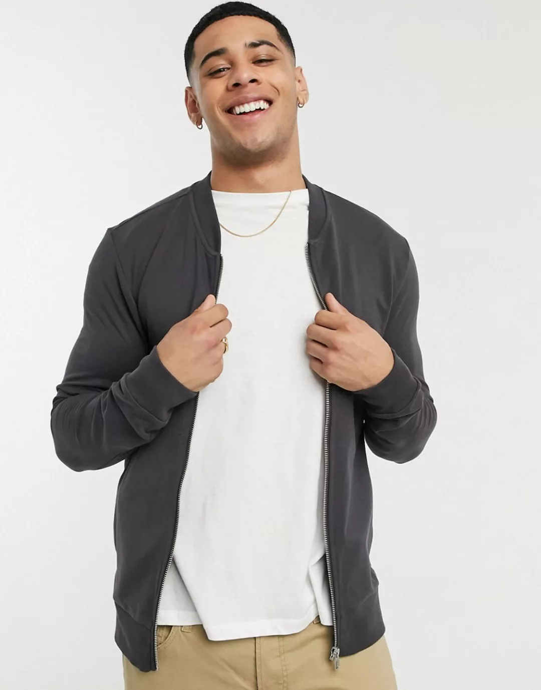 New Look – Jersey-Bomberjacke mit Reißverschluss in Grau günstig online kaufen