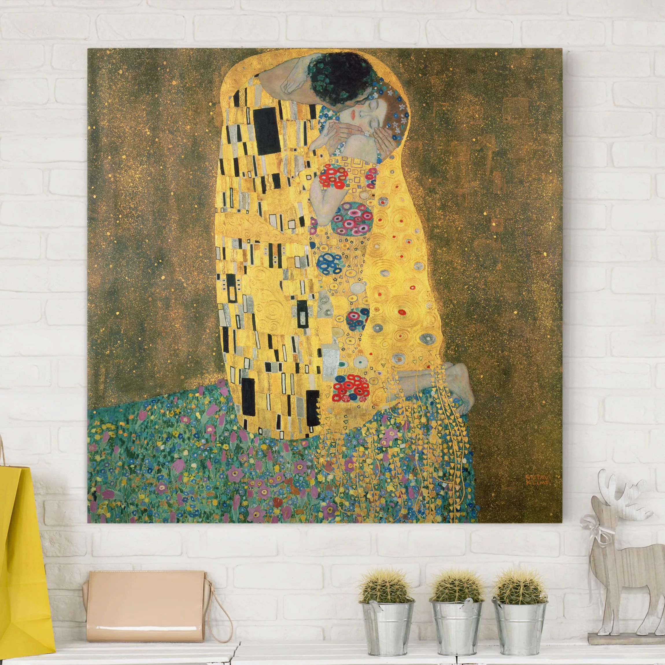 Leinwandbild Kunstdruck - Quadrat Gustav Klimt - Der Kuß günstig online kaufen