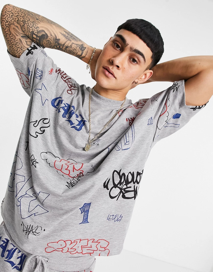 ASOS DESIGN – Oversize-T-Shirt in Kalkgrau mit Graffiti-Print, Kombiteil-Me günstig online kaufen