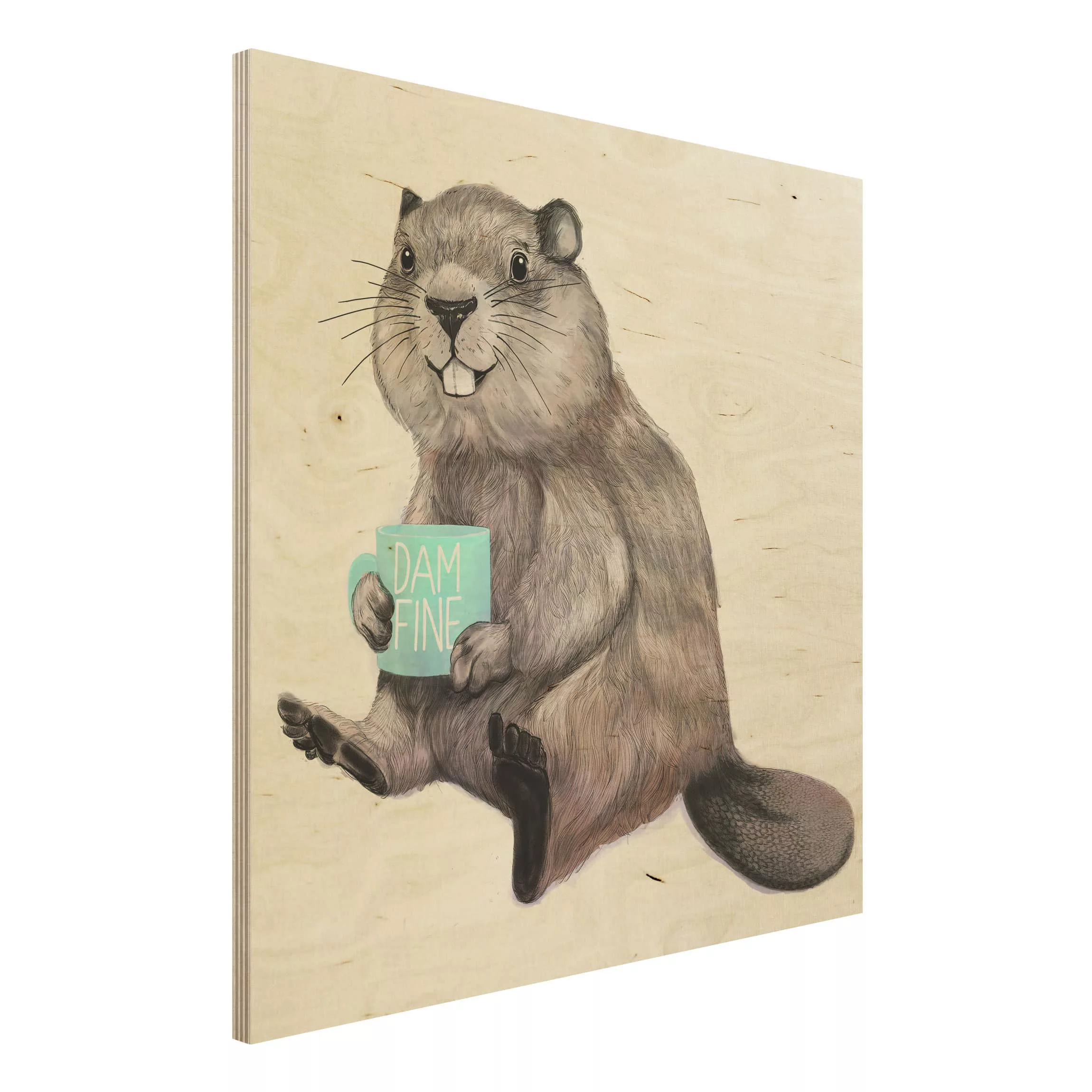 Holzbild Tiere - Quadrat Illustration Biber mit Kaffeetasse günstig online kaufen