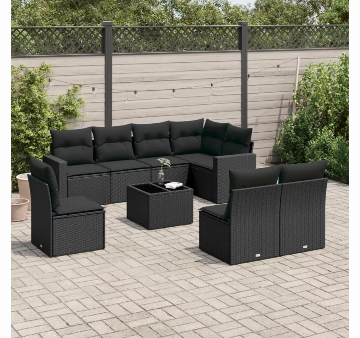 vidaXL Loungesofa 9-tlg. Garten-Sofagarnitur mit Kissen Schwarz Poly Rattan günstig online kaufen