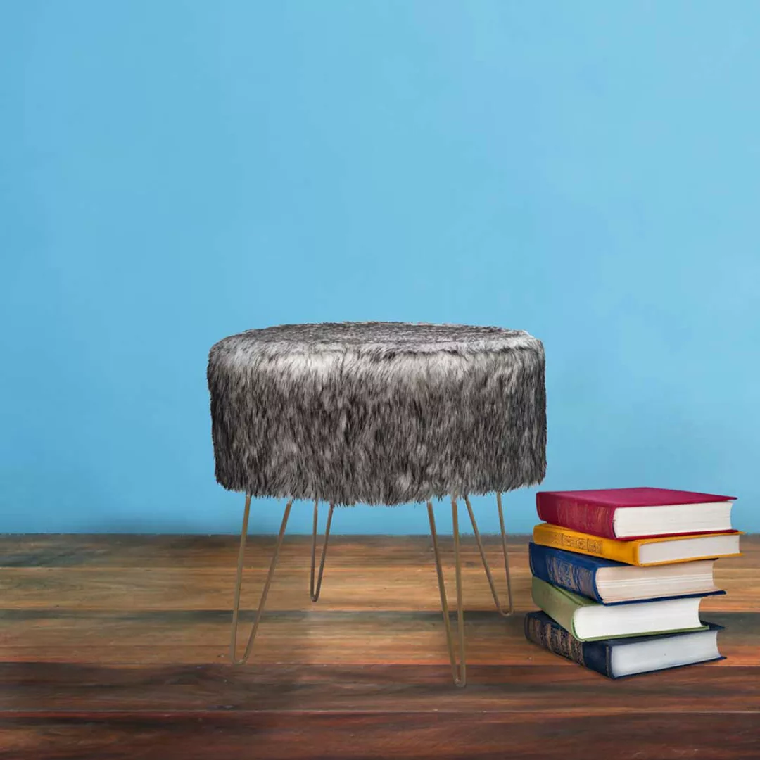 Runder Sitzhocker mit Kunstfell Grau Bronzefarben Metall günstig online kaufen