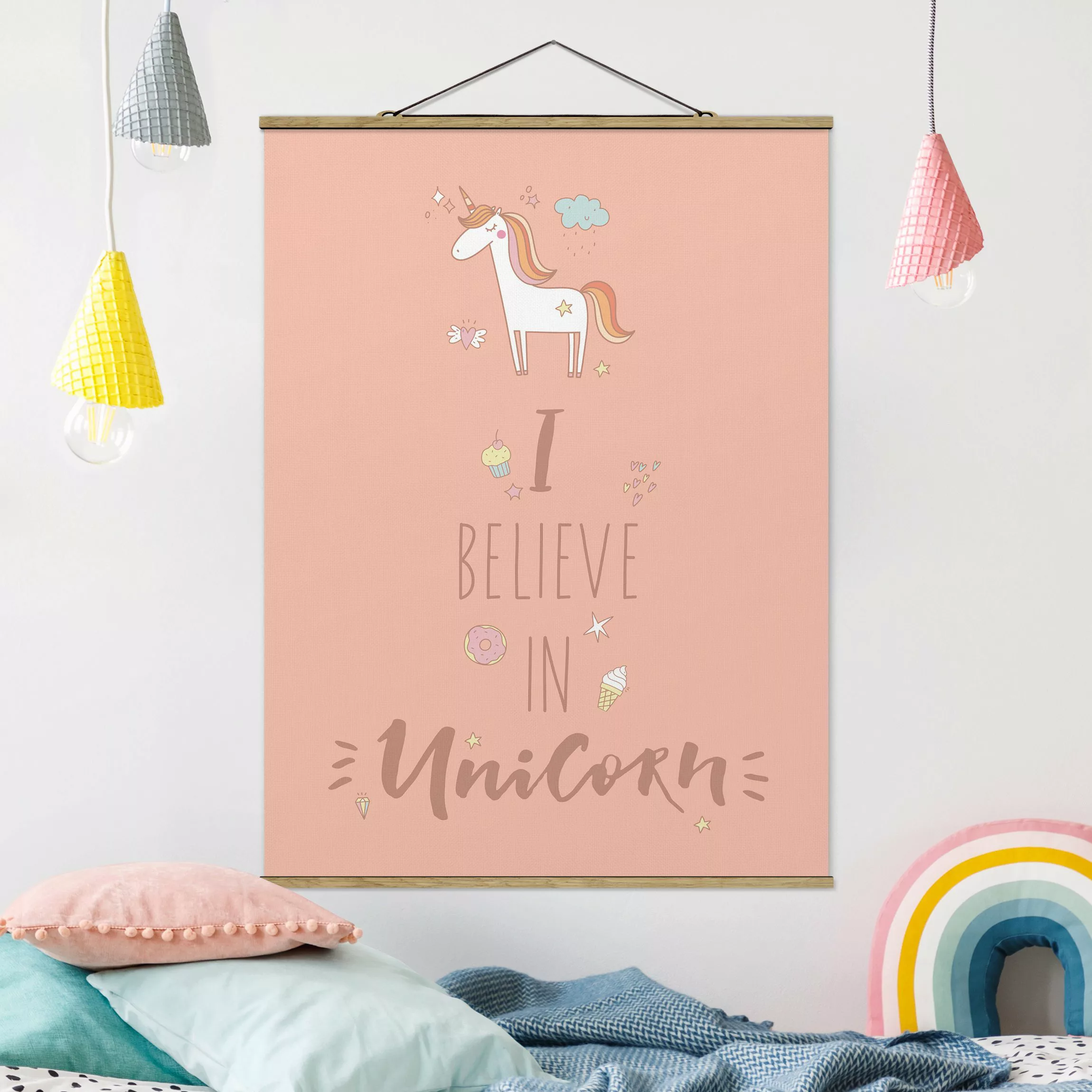 Stoffbild Tiere mit Posterleisten - Hochformat I believe in Unicorn günstig online kaufen