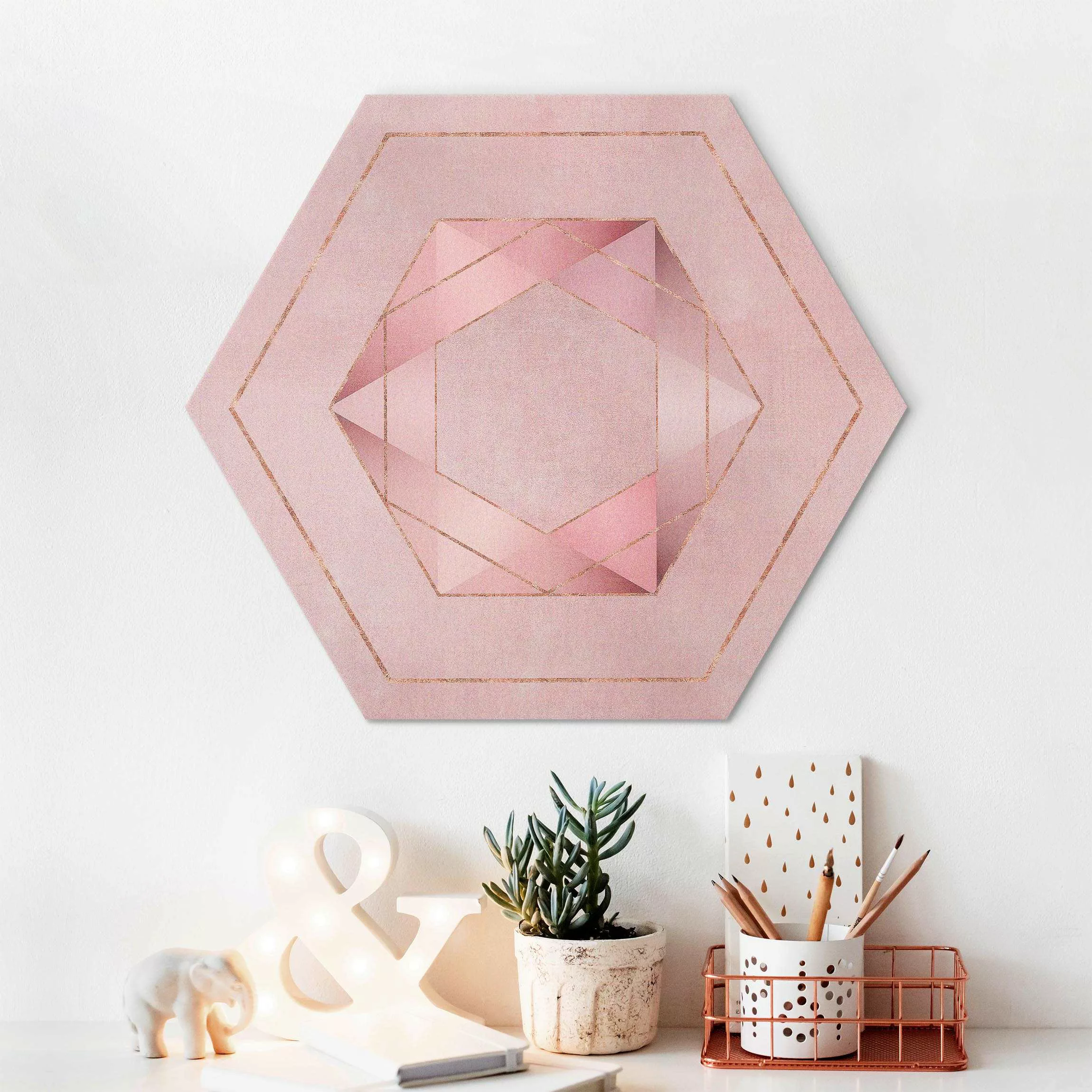 Hexagon-Alu-Dibond Bild Geometrie in Rosa und Gold I günstig online kaufen