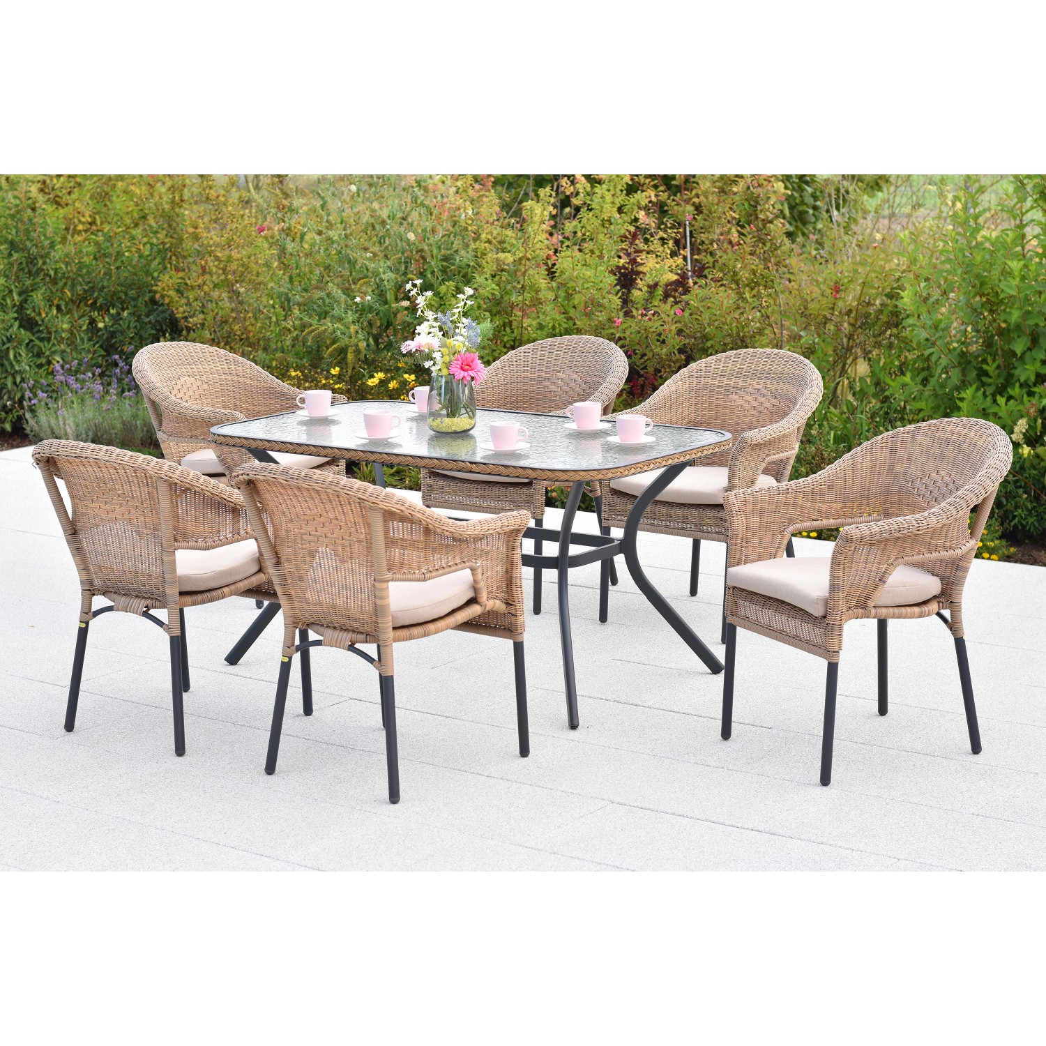 Merxx Ravenna Set 13-tlg. 6 Stapelsessel 6 Sitzkissen Tisch 150 x 85 cm Nat günstig online kaufen