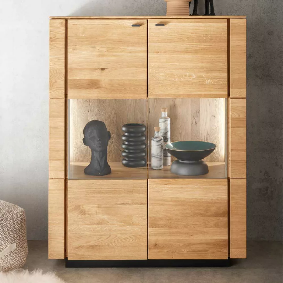 Highboard Vitrine aus Wildeiche Massivholz geölt LED Beleuchtung günstig online kaufen