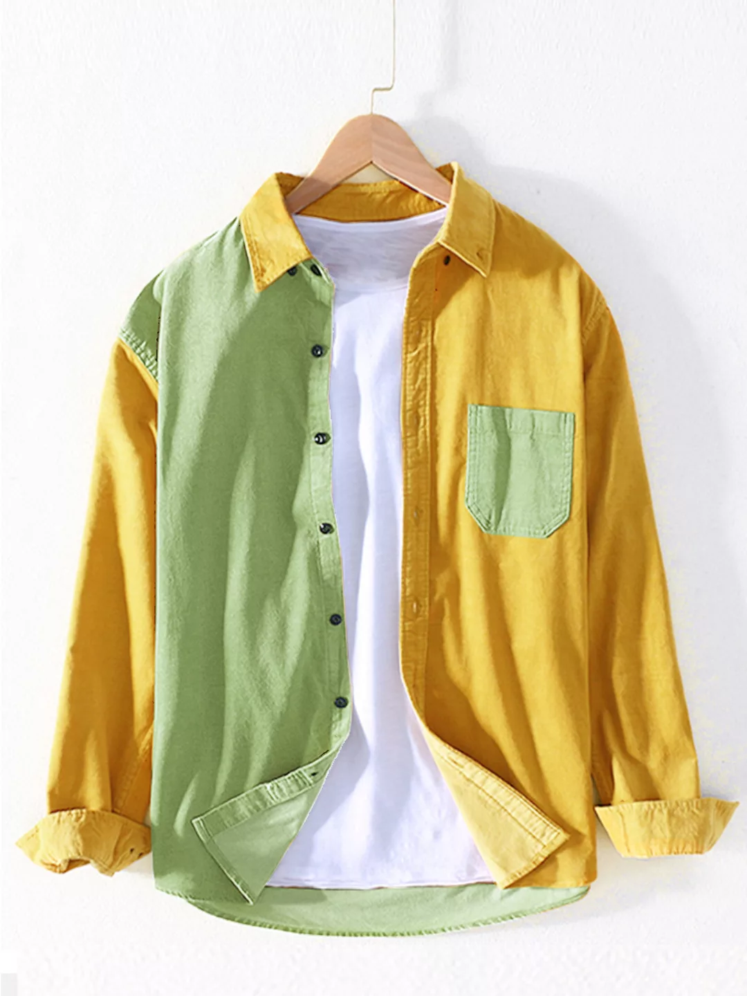Herren Cord Patchwork Colorblock Revers gebogen Saum Shirts mit Tasche günstig online kaufen
