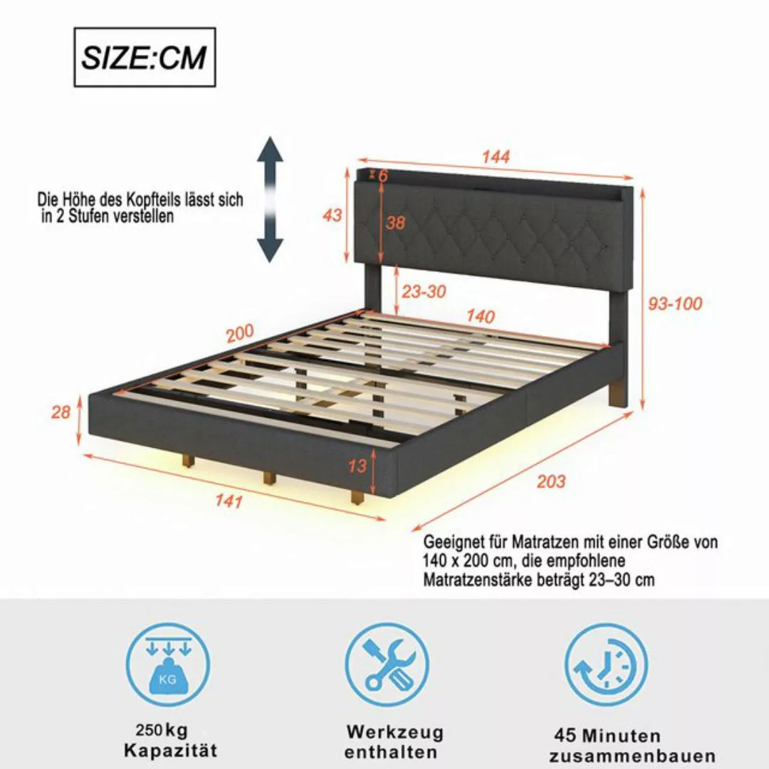 HAUSS SPLOE Polsterbett 140x200 cm mit USB-Ladeanschluss und LED-Lichtleist günstig online kaufen