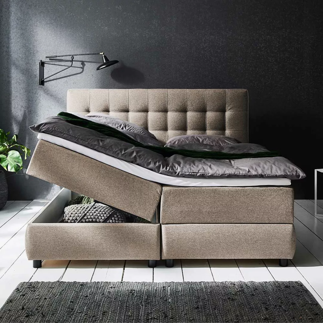 Box Doppelbett Hellbraun Stoff in modernem Design mit Bettkasten günstig online kaufen