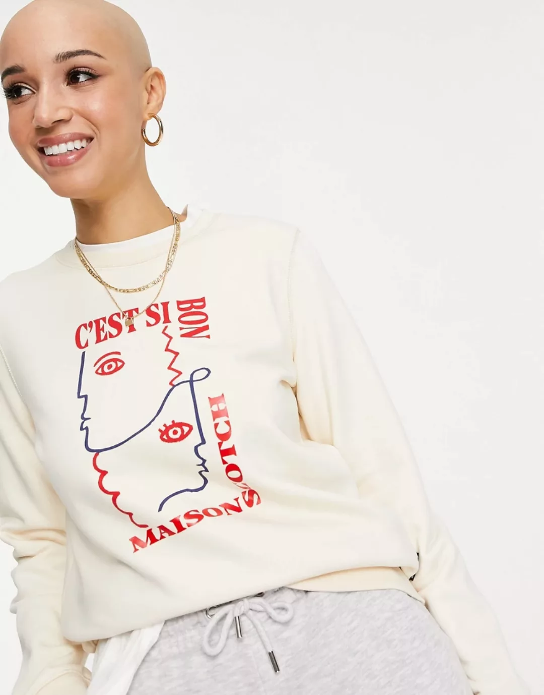 Maison Scotch – Legeres Sweatshirt in Creme mit Rundhalsausschnitt und Graf günstig online kaufen