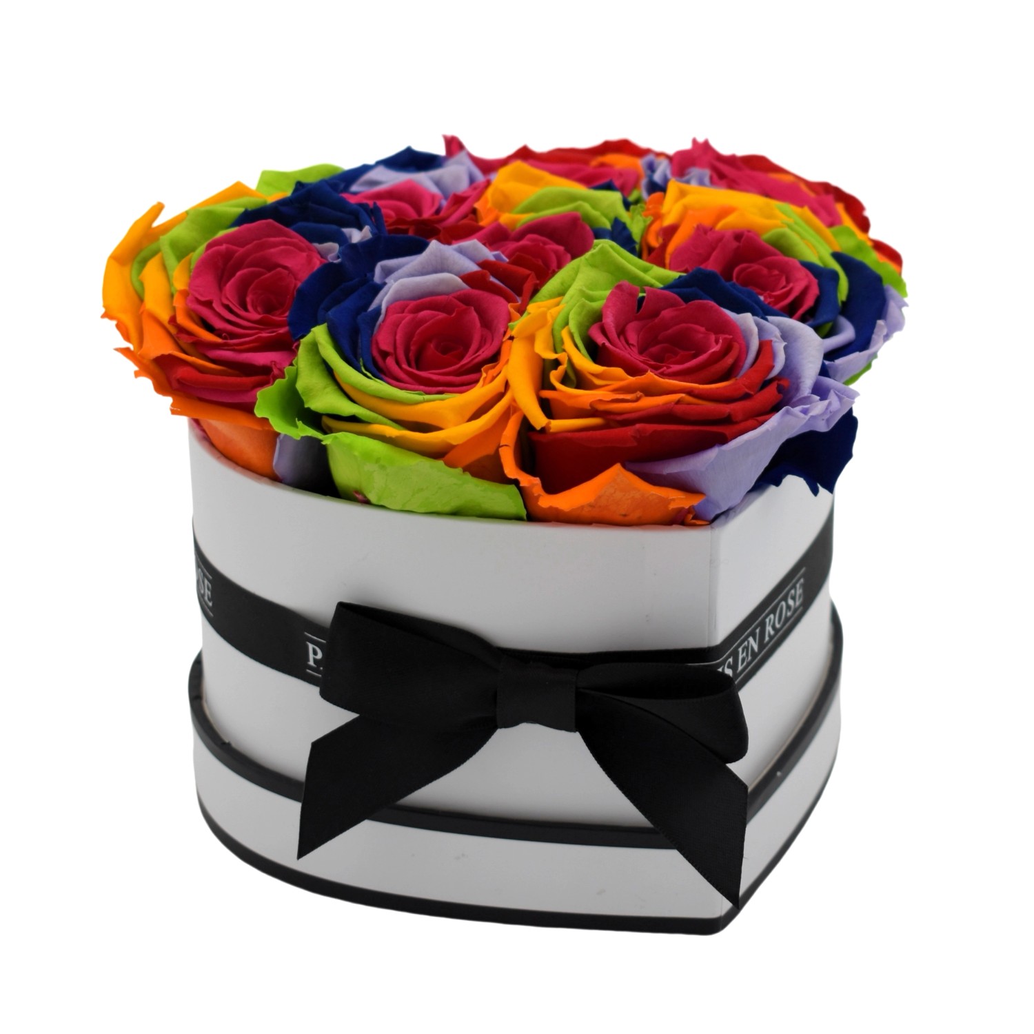 Rosenbox Herz Weiß-Schwarz mit 8 Rainbow Rosen günstig online kaufen
