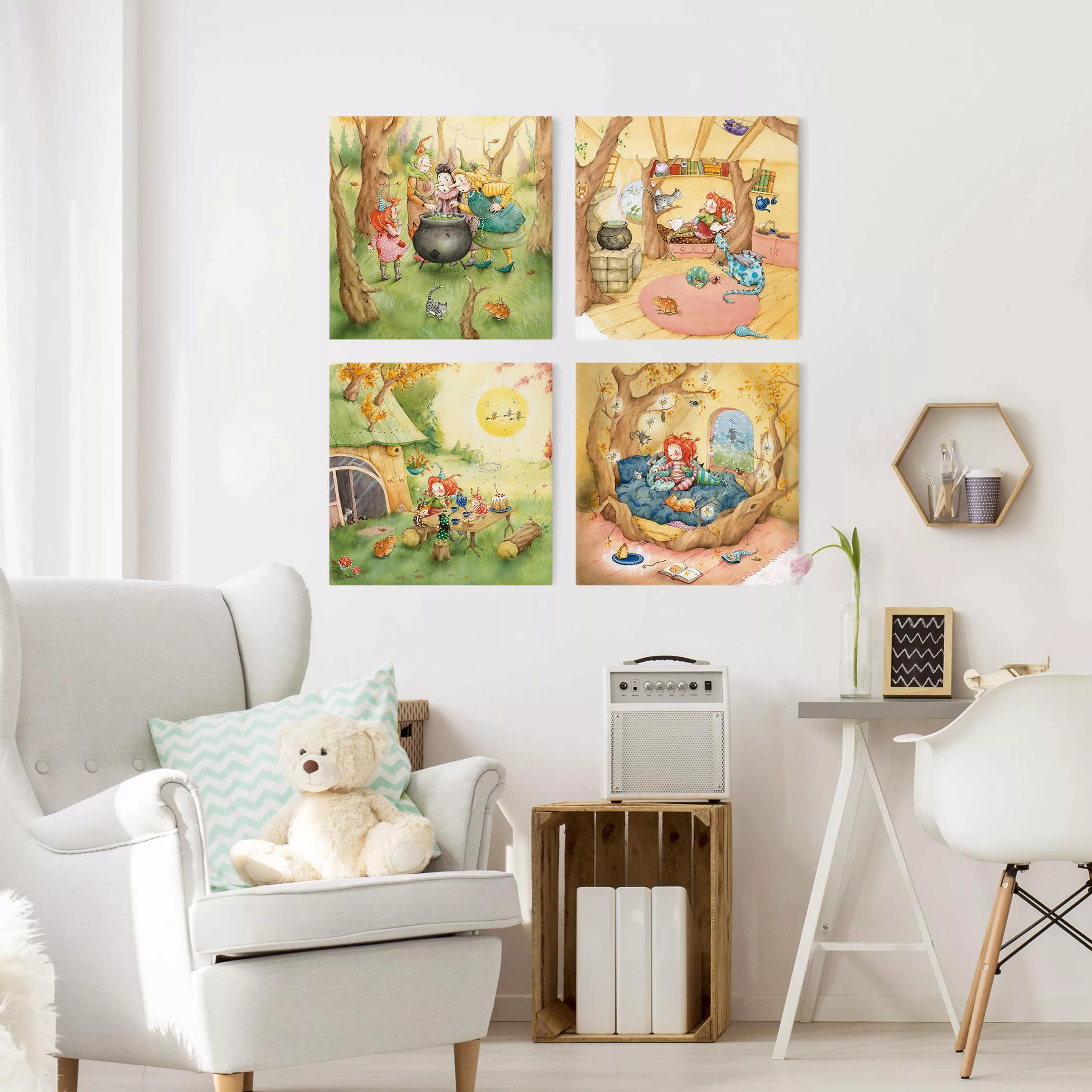 4-teiliges Leinwandbild Kinderzimmer - Quadrat Frida die kleine Waldhexe - günstig online kaufen