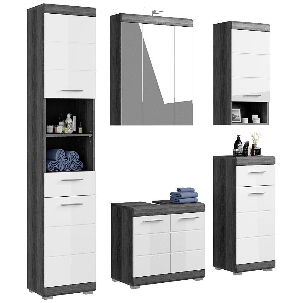 Badezimmermöbel Set 5-teilig modern in Hochglanz weiß mit grau SIROCO-158 günstig online kaufen
