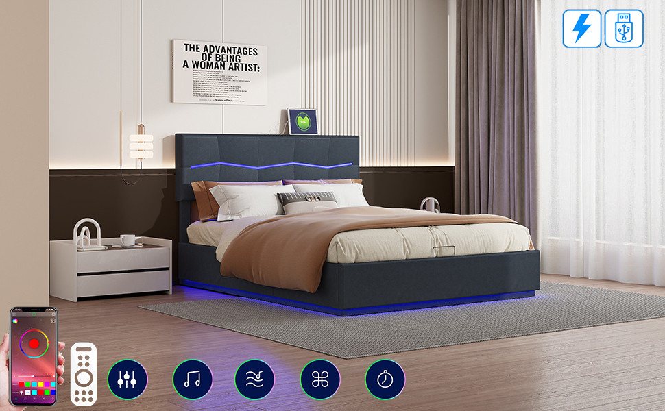 FUROKOY Polsterbett LED Doppelbett Hydraulischer Bettgestell Bett mit Staur günstig online kaufen