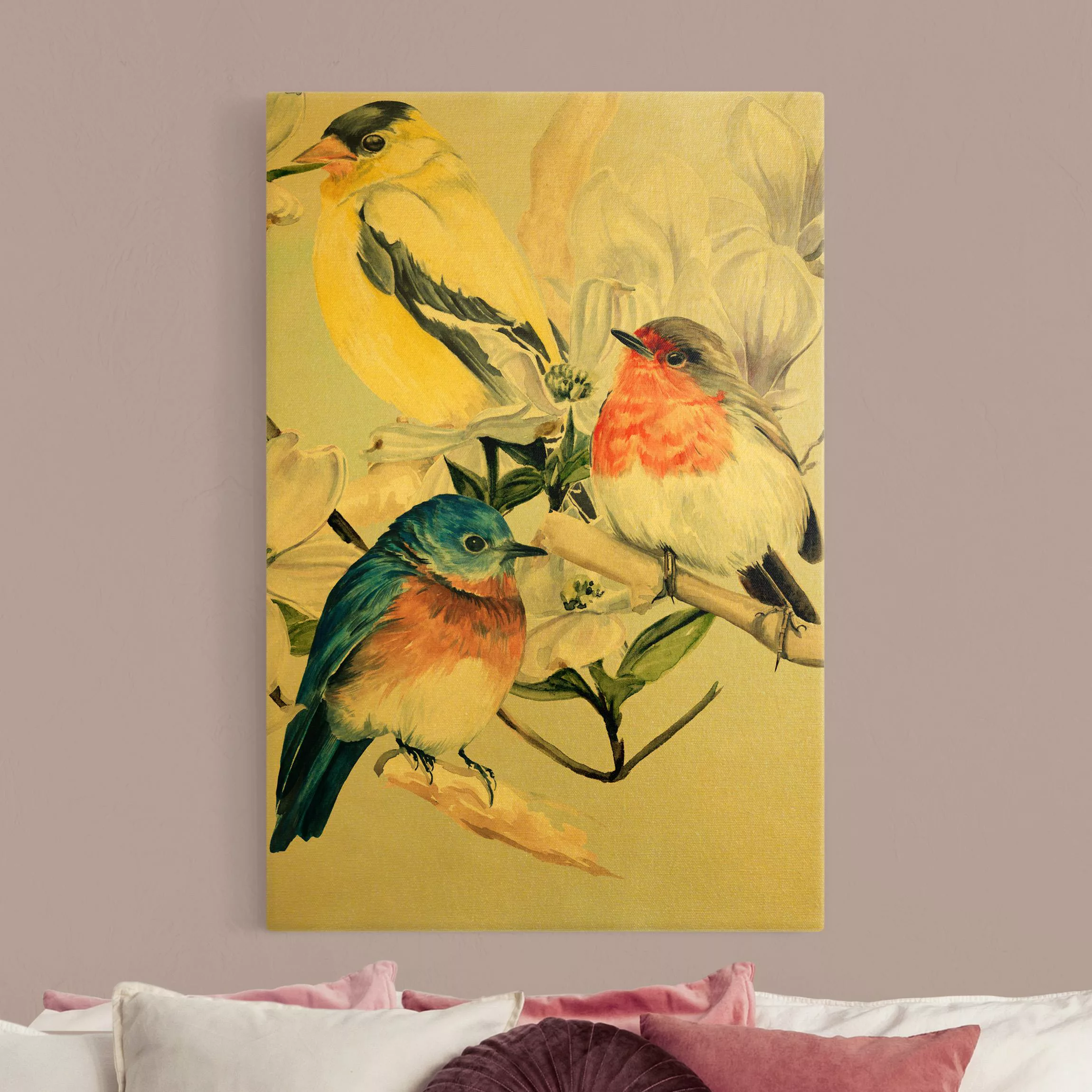 Leinwandbild Gold Bunte Vögel auf einem Magnolienast II günstig online kaufen