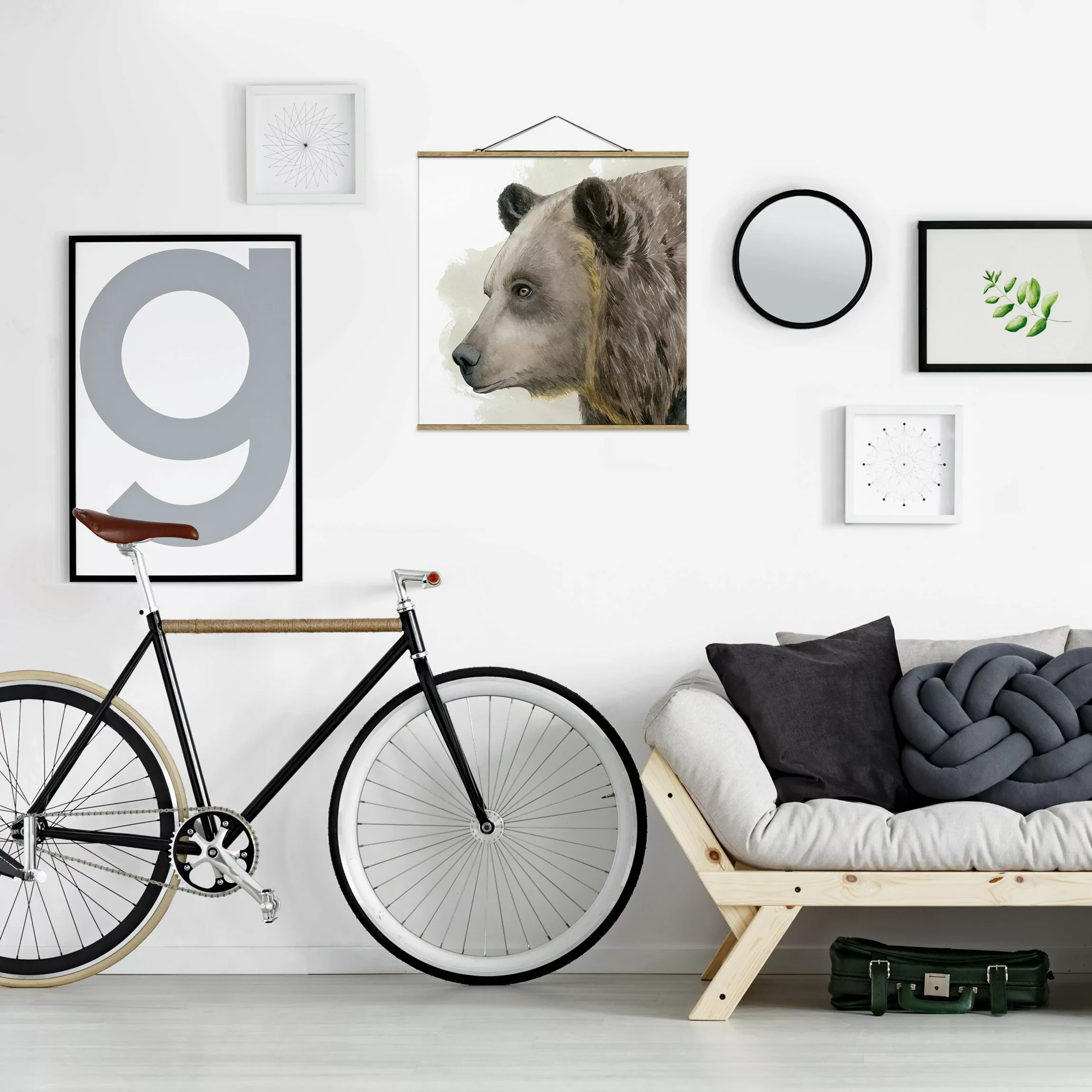Stoffbild Tiere mit Posterleisten - Quadrat Waldfreunde - Bär günstig online kaufen