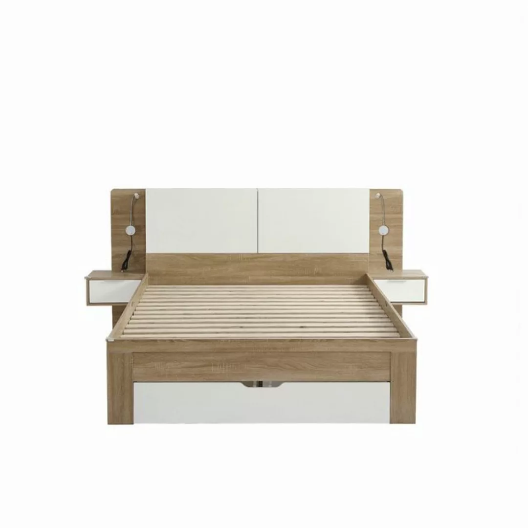 MODFU Holzbett Doppelbett, Bettanlage mit 2 LED Nachtkommoden (Paneelbett m günstig online kaufen