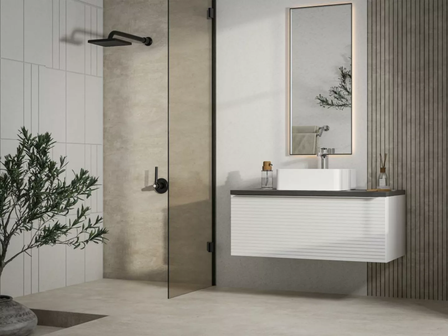 Waschbeckenunterschrank hängend - B. 90 cm - Weiß gestreift - LATOMA günstig online kaufen