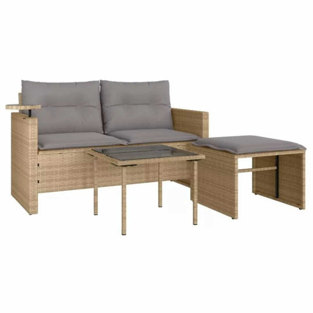 vidaXL Loungesofa 3-tlg. Garten-Sofagarnitur mit Kissen Beige Poly Rattan, günstig online kaufen