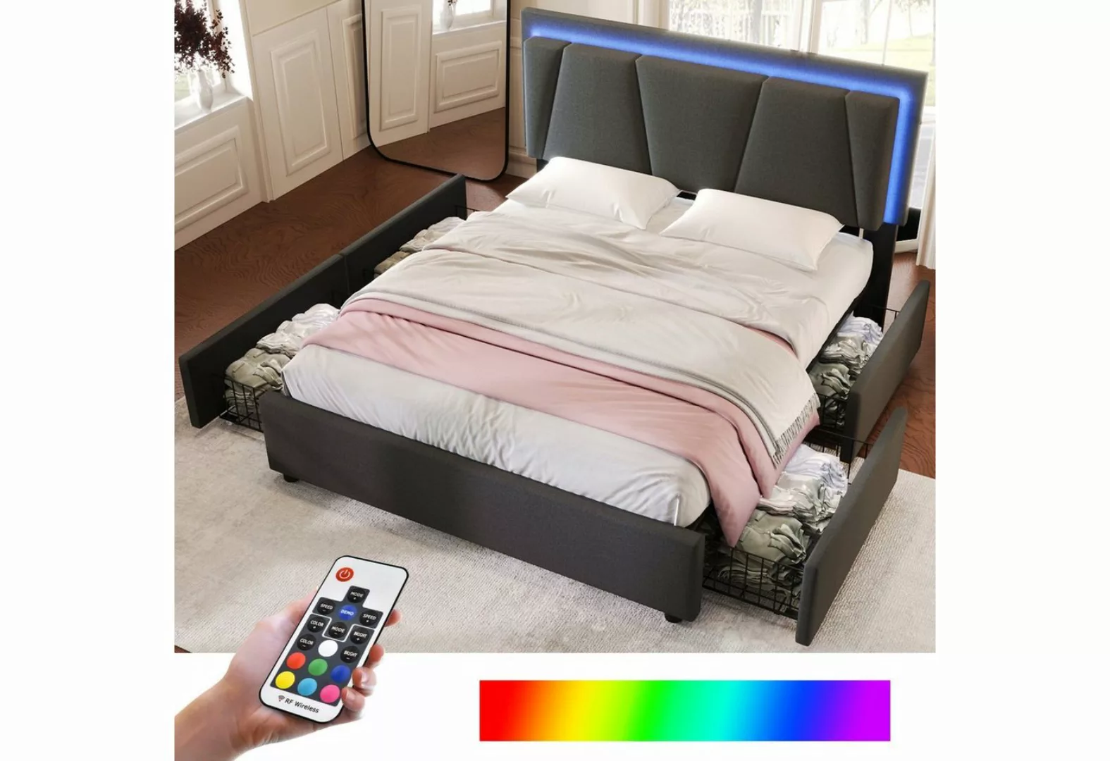 REDOM Polsterbett (mit LED-Beleuchtung und 4 Schubladen), Doppelbett 160x20 günstig online kaufen