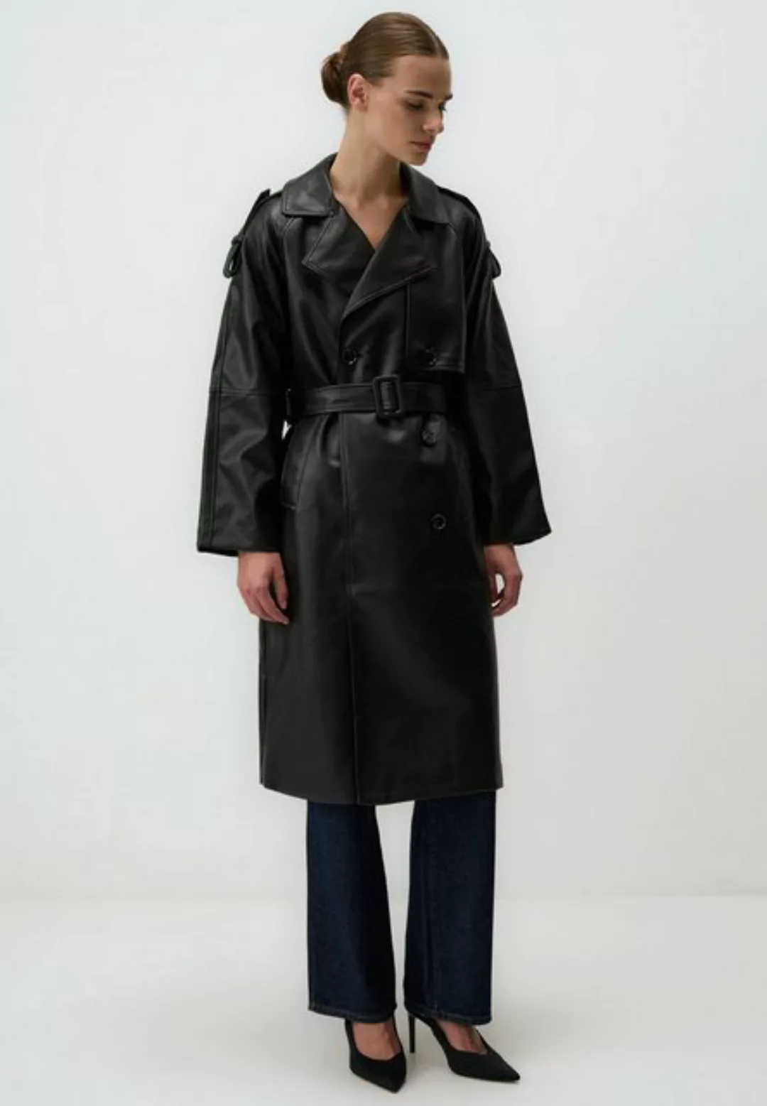 Jimmy Key Trenchcoat Schwarz Leder Trenchcoat mit Schnürung um Taille günstig online kaufen