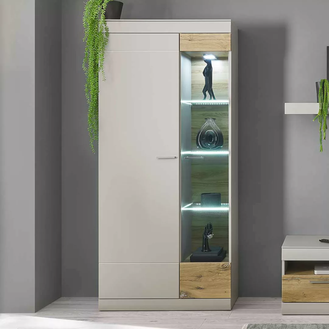 Wohnzimmer Schrank mit Glastür Hellgrau und Zinneichefarben günstig online kaufen