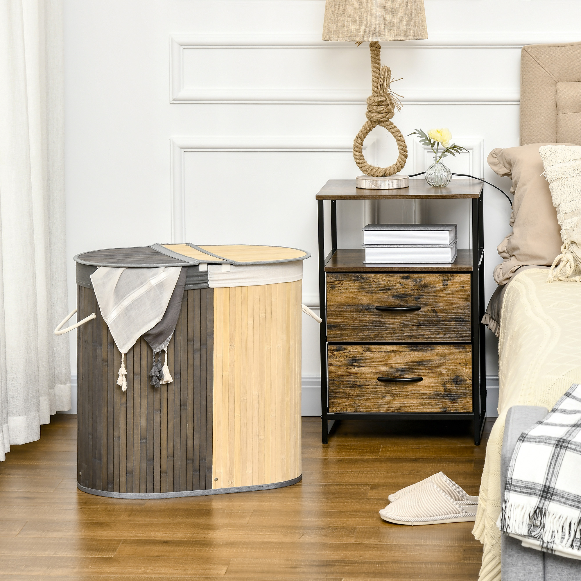HOMCOM Wäschekorb aus Bambus 100L mit 2 Fächern, Deckel und herausnehmbarem günstig online kaufen