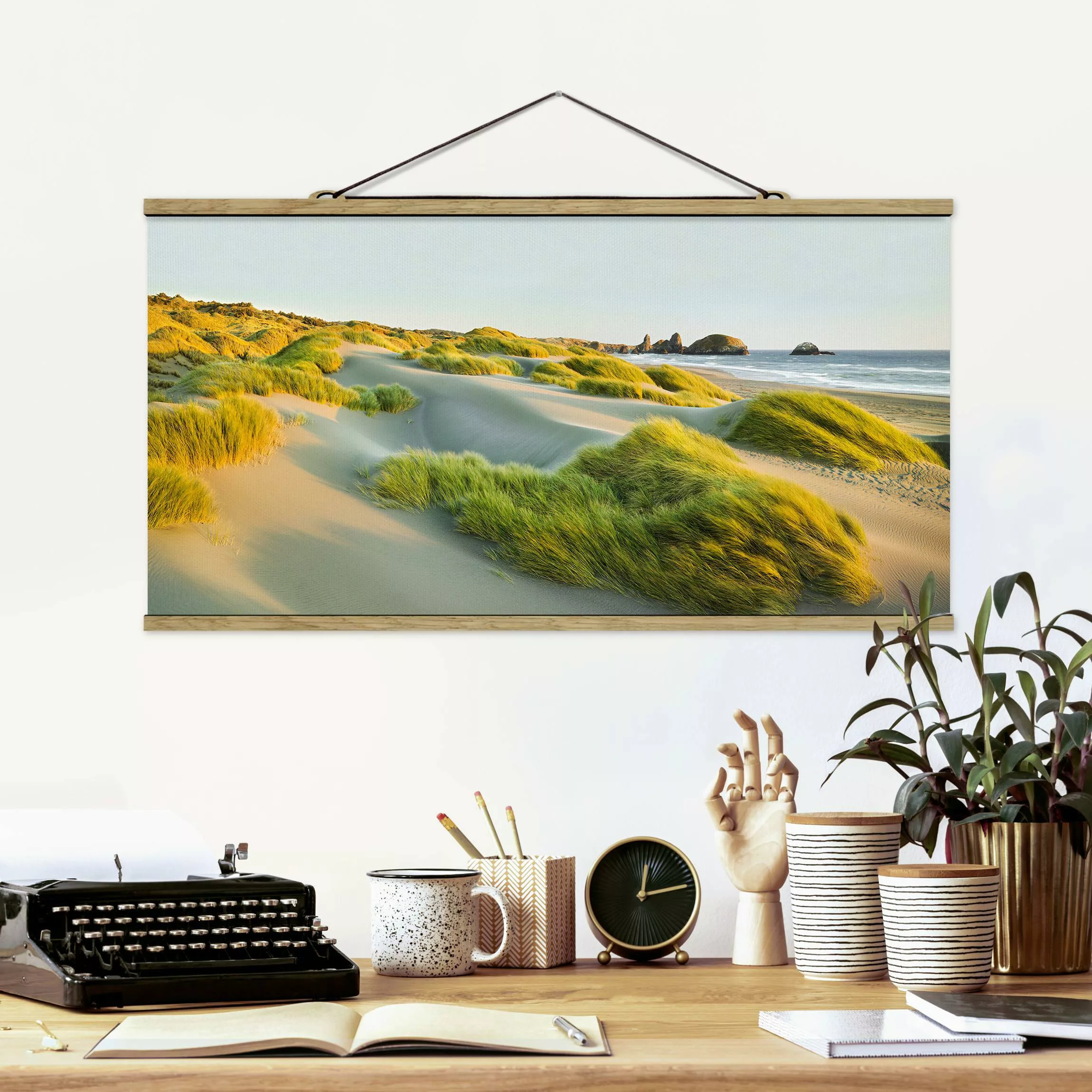 Stoffbild Strand mit Posterleisten - Querformat Dünen und Gräser am Meer günstig online kaufen